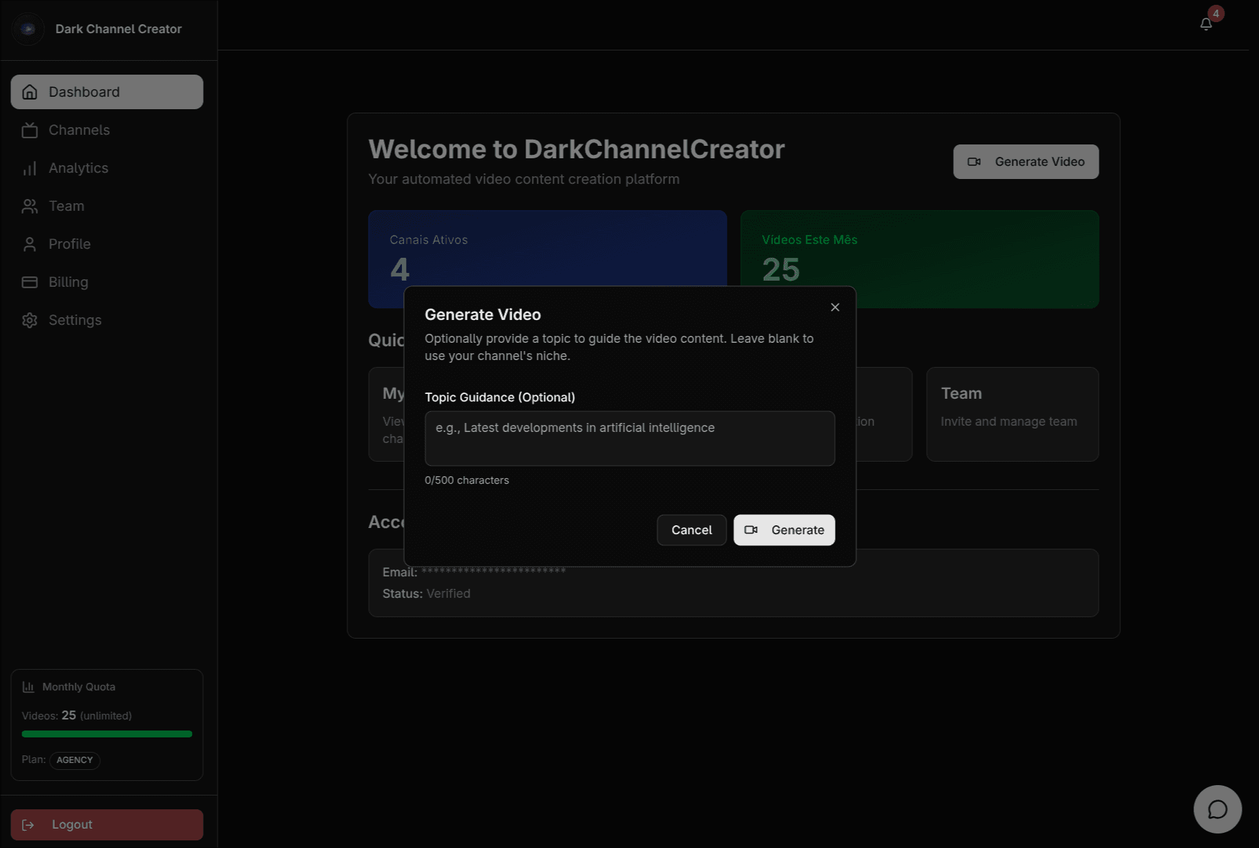 Dark Channel Creator - AI video creation interface